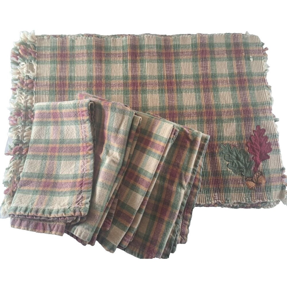 Park Imports Fall Leaf Plaid Placemats & Matching Napkins Set Of 12 Cotton Fall
